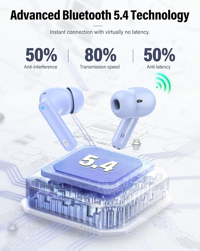 Wireless Earbuds, Bluetooth 5.4 Headphones Bass Stereo, Ear Buds with Noise Cancelling Mic, IP7 Waterproof in Ear Earphones, 36H LED Display Bluetooth Earbuds for Laptop Pad Phones Sports, Pale Blue