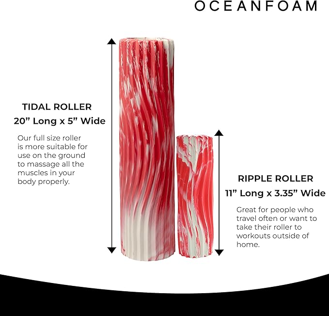 Oceanfoam Tidal Roller - Red Marbled - Muscle Massage Foam Roller for Back Pain & Stretching - Firm and Ergonomic Wide Wave Textured - Yoga, Athletics, & Wellness - Full Size, 20" x 5"