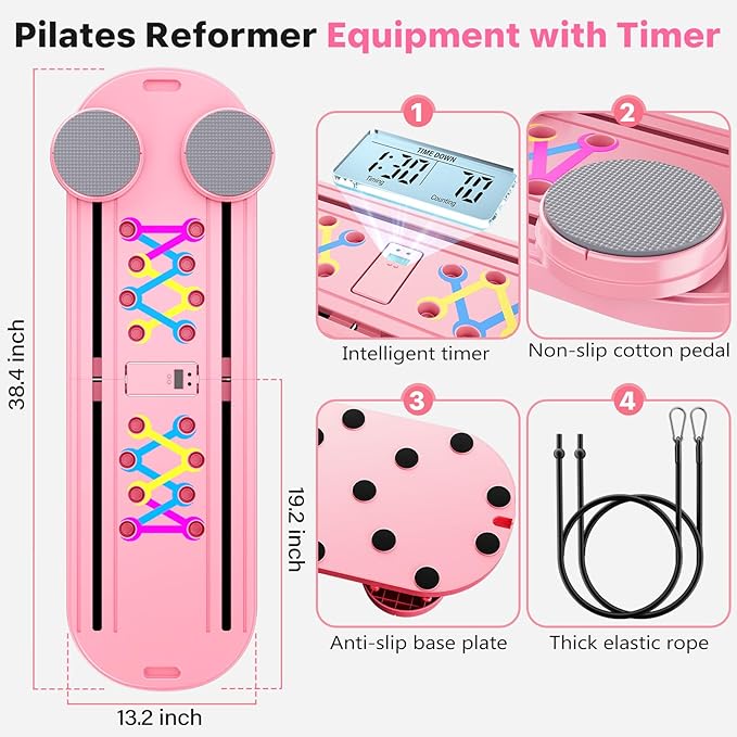 Pilates Board, Pilates Reformer Set, 7 in 1 Multifunctional Pilates Reformer Machine with Timer, Portable Foldable Pilates Board for Home Workout, Pilates Kit with Storage Bag