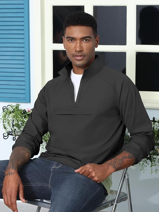 Aulemen Men's Casual Quarter Zip Pullover-Athletic Windbreaker Lightweight Jackets Hiking Golf for Men Mock Neck with Pockets