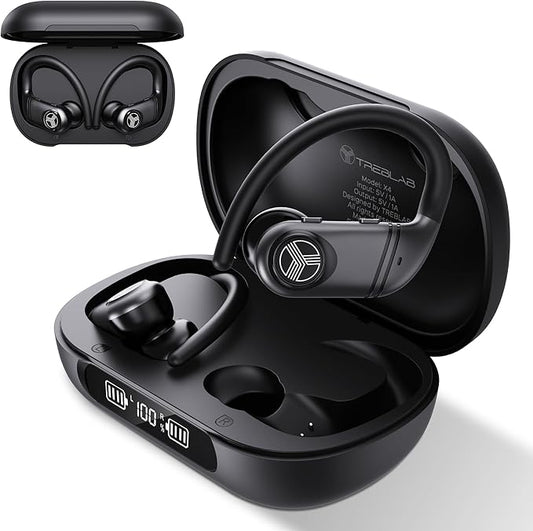 TREBLAB X4 Wireless Earbuds with Earhooks – 253H Battery, ENC Mic, Bluetooth 5.4, USB-C Charging Case, IPX5 Waterproof, Noise Isolating, for Running, Calls, Workouts – Bluetooth Over Ear Ear Buds