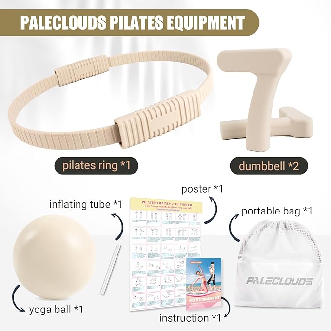 Pilates Ring Set, Pilates Essential Kit with Pilates Ring and Ball, 2.2lb *2 Ergonomic 7-Shaped Dumbbells, Portable Bag & Training Poster, at Home Workouts Pilates Sets for Women