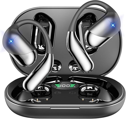 Open Ear Clip Wireless Earbuds Bone Conduction Headphones, Bluetooth 5.4, Open Ear Design for Running Fitness,office,Built-in Mic, IPX7 Waterproof, LED Display Charging Case,Ear Hooks Ear Buds