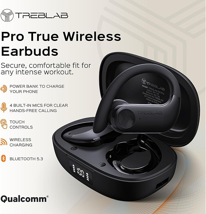 TREBLAB X3 Pro - Workout True Wireless Earbuds, Comfortable Earhooks, Bluetooth 5.3, Punchy Bass, Noise Isolation, 145H Playtime, IPX5 Waterproof, Sweatproof, 2 Mics for Calls, Sport Bluetooth Earbuds
