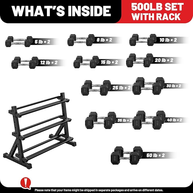 PAPABABE Hex Dumbbell Set with Rack, Rubber Encased Free Weight with Weight Storage Racks, Multiple Weight Options for Home Gym and Fitness