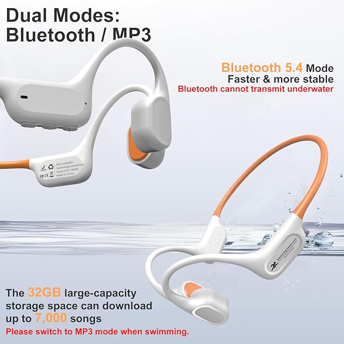 Bone Conduction Bluetooth Headphones-SurfAudio, IP68 Waterproof Swimming Headphones with 32GB MP3 Player, Lightweight Open Ear Design for Swimming/Surfing/Marathon/Cycling((Beige Orange)