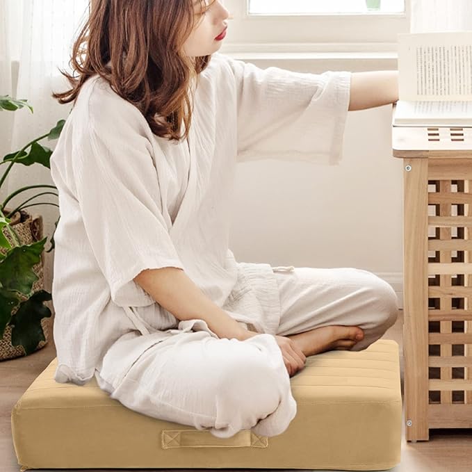 MeMoreCool Square Floor Pillow Seating for Adults Kids, Large Meditation Cushion Floor Pillow with Thick Foam & Soft Tufted Cover, Washable Big Pillow Seat Floor Cushion for Sitting Yoga 24" Khaki