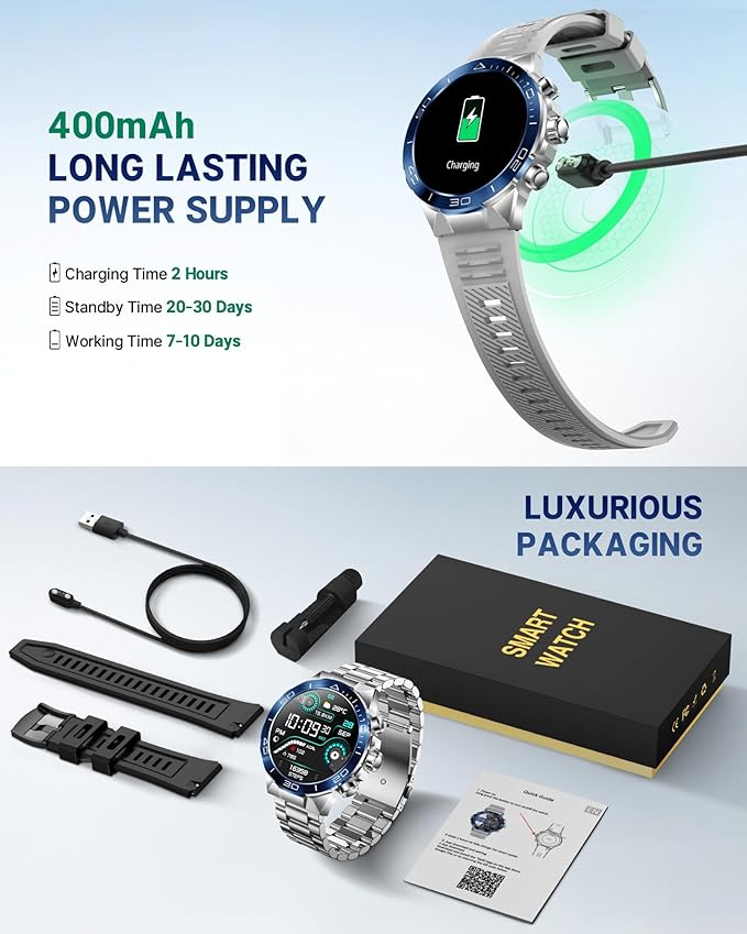 Smart Watch for Men (Answer/Make Call),1.43''AMOLED Screen with 24 Hours Healthy Monitor, 100+ Sports Modes Fitness Tracker Watch, 400mAh Battery Pedometer Calorie Smartwatch Compatible Android iOS