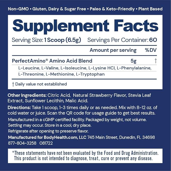 BodyHealth PerfectAmino Powder - BCAA and EAA Powder for Pre and Post Workout - Amino Acid Energy Drink for Men and Women to Support Lean Muscle and Recovery - Strawberry - 60 Servings