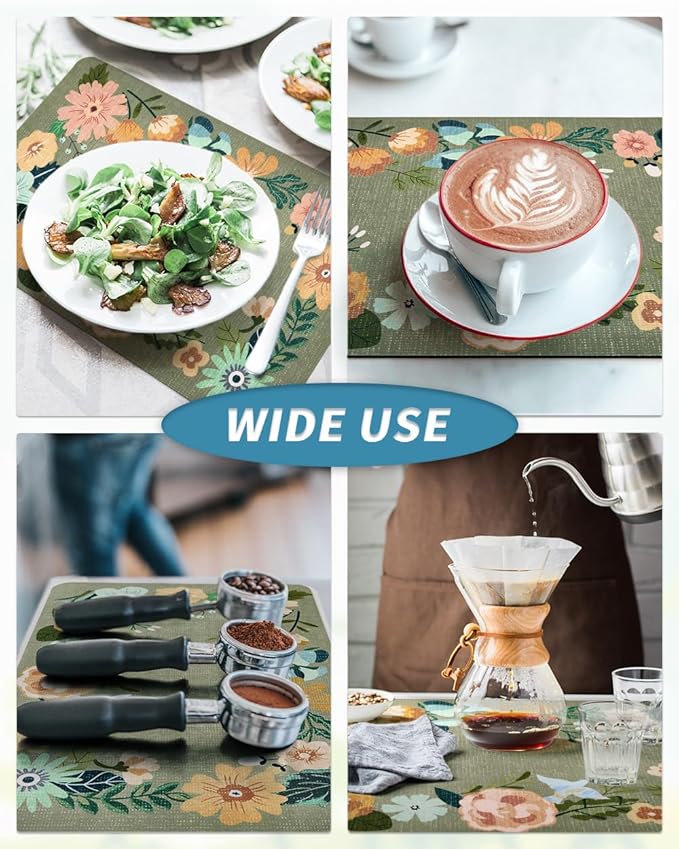 AMOAMI Coffee Mat Hide Stain Rubber Backed Absorbent Dish Drying Mat for Kitchen Counter - Fits Under Coffee Maker - Floral GREEN 12X19