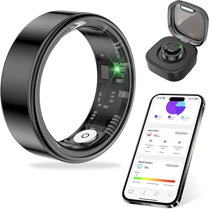 Thin Smart Ring for Fitness & Health Tracking -Pedometer,Sleep/Heart Rate/Blood Oxygen Monitor, Gesture Control / 5ATM Waterproof -No APP Subscription Compatible with Android& iOS (Black, 12)