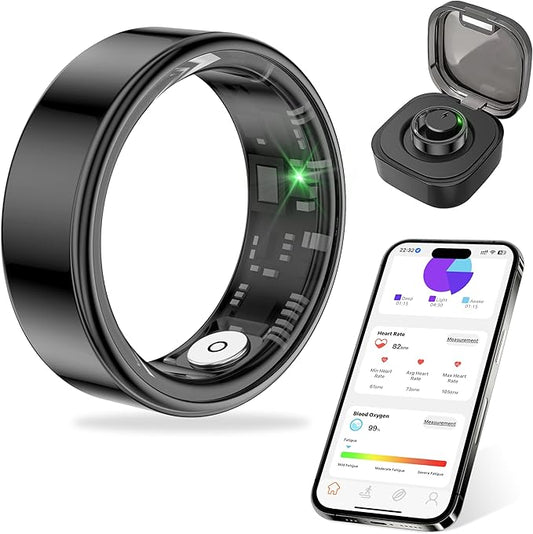 Thin Smart Ring for Fitness & Health Tracking -Pedometer,Sleep/Heart Rate/Blood Oxygen Monitor, Gesture Control / 5ATM Waterproof -No APP Subscription Compatible with Android& iOS (Black, 9)