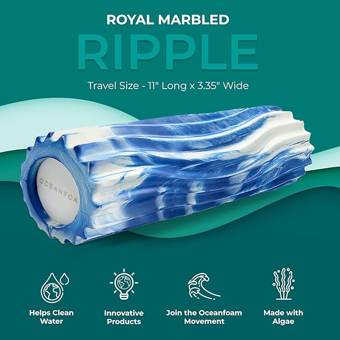 Oceanfoam Ripple Travel Foam Roller (11" x 3.35") Firm Mini Foam Roller for Physical Therapy, Deep Tissue Massage, Back Pain - High Density, Ergonomic Wave Textured - Yoga, Exercise (Royal Marbled)