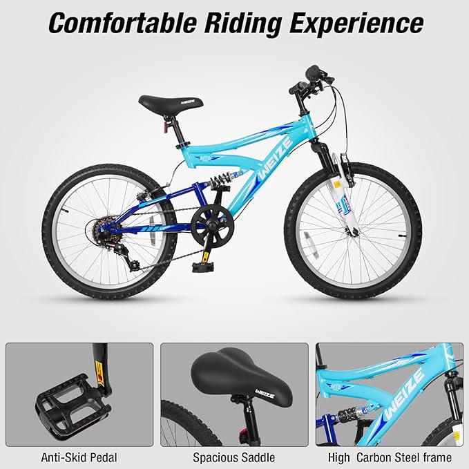 WEIZE Kids Mountain Bike, 20 inch Kids' Bicycles for 6-11 Years Old Boys Girls with Dual Full Suspension, 6 Speeds Drivetrain, High-Carbon Steel Frame, Ideal for Young Riders and Adventurers