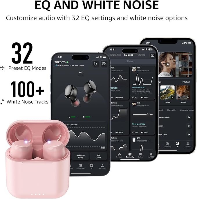 TOZO T6 Wireless Earbuds, IPX8 Waterproof Ear Buds, Stereo Bass Sound Bluetooth 5.3 Headphones in Ear, 50 Hours Playtime Earphones, Wireless Charging Case, Custom 32 EQ via APP