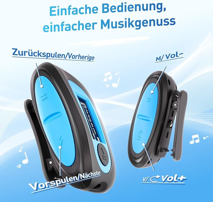 AGPTEK IPX8 Waterproof Mp3 Player with Screen, Multi-Functional Clip Music Player with Waterproof Headphones for Surfing Swimming Water Sports