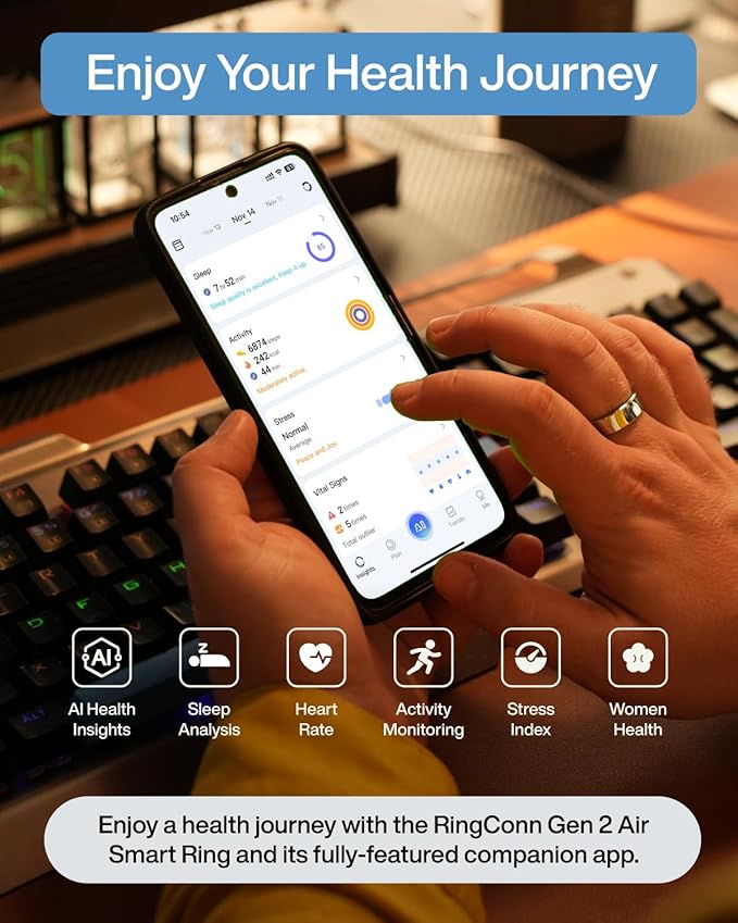 RingConn Gen 2 Air, Ultra-Thin AI Smart Ring, 10-Day Battery Life, Fitness/Sleep/Stress/HR Tracker for Women&Men, No App Fee for Standard Features, iOS & Android Compatible (Size 14, Galaxy Sliver)