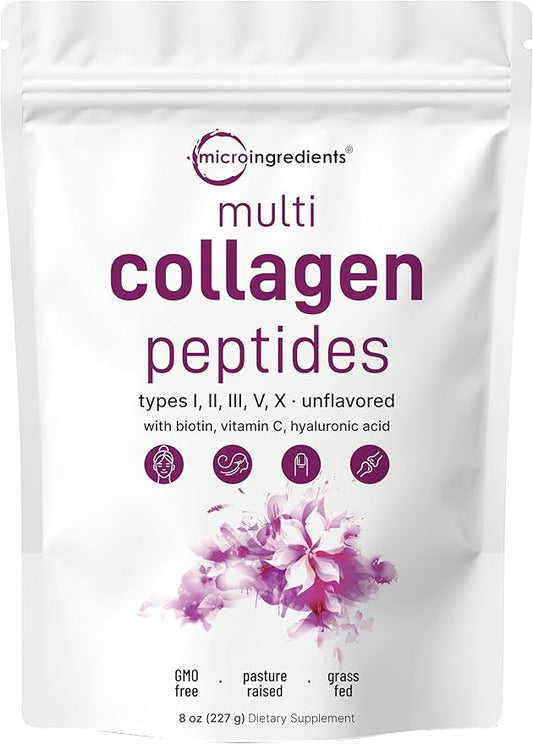 Micro Ingredients Multi Collagen Peptides Powder, 8oz | Type I, II, III, V, X + Biotin, Vitamin C & Hyaluronic Acid | Unflavored | Supports Hair, Skin & Joint Health | Keto, Non-GMO