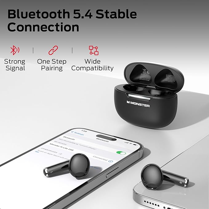 Monster N-Lite 208 Wireless Earbuds, Bluetooth Earbuds Touch Control, Bluetooth Headphones with 30H Playtime, Wireless Headphones Type-C Fast Charging, Clear Call, Comfortable Fit for Running