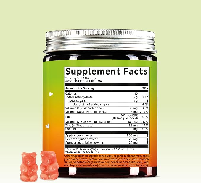 Apple Cider Vinegar Gummy Bears - Metabolism Booster Complex with Vitamin B6, B12, Iodine, Folic Acid - Well-Being & detoxification - Vegan - Balanced Gut (30 Gummies)