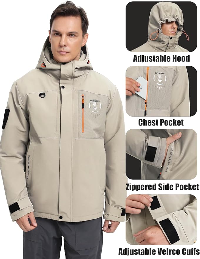 Men's Winter Jacket Waterproof Ski Snow Coat Windproof Snowboard Hooded Raincoats with Warm Graphene lining