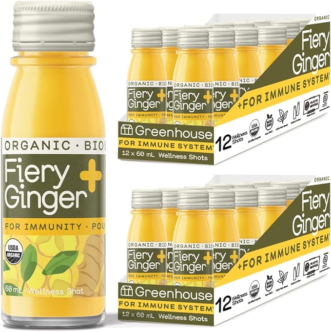 Greenhouse Juice Organic Fiery Ginger Wellness Shots 24-Count 60ml Glass Bottles | Vegan & Gluten-Free