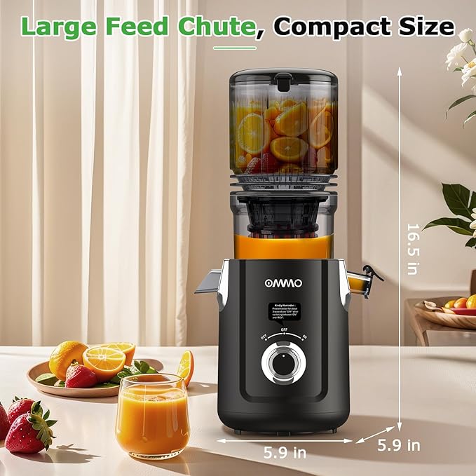 OMMO Cold Press Juicer Machines: 5.1" Wide Chute for Whole Fruits & Veggies, BPA Free Slow Juicer Easy Clean, Beep Alert, Slow Masticating Juicers for Moms/Families/Fitness/Juice Life/Healthy Living