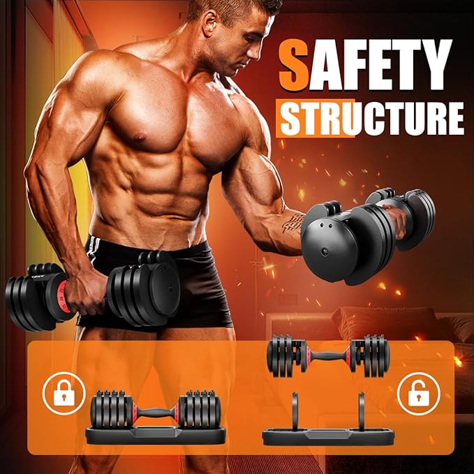 VEICK 25/55 lbs Adjustable Dumbbell with Anti-Slip Turning Handle, Fast Adjust Weight for Men Women, Exercise Equipment with Tray for Home Gym Full Body Workout Fitness