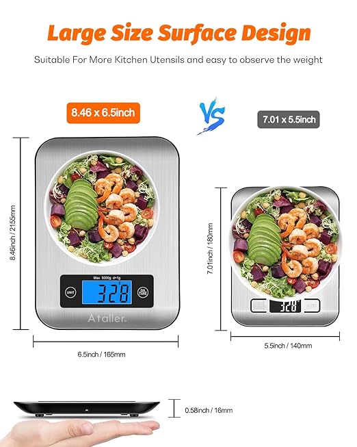 Ataller Smart Food Scales with Nutritional Calculator, Smartphone App with 26 Nutrients Tracking, Calorie, Marco, Digital Kitchen Weight Grams and Ounces for Weight Loss, 11 Pounds, Stainless Steel