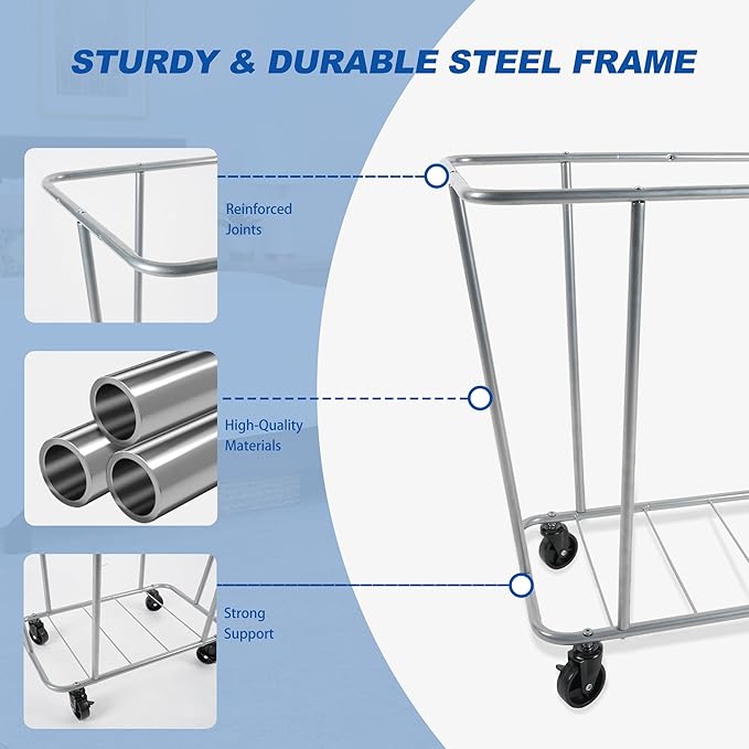 PLKOW Laundry Cart with Wheels 320L Large Rolling Laundry Cart for Commercial/Home, Rolling Laundry Basket with Steel Frame and Waterproof Lining, 9 Bushel, 32.3L x 19.7W x 30.7H Inch, Grey