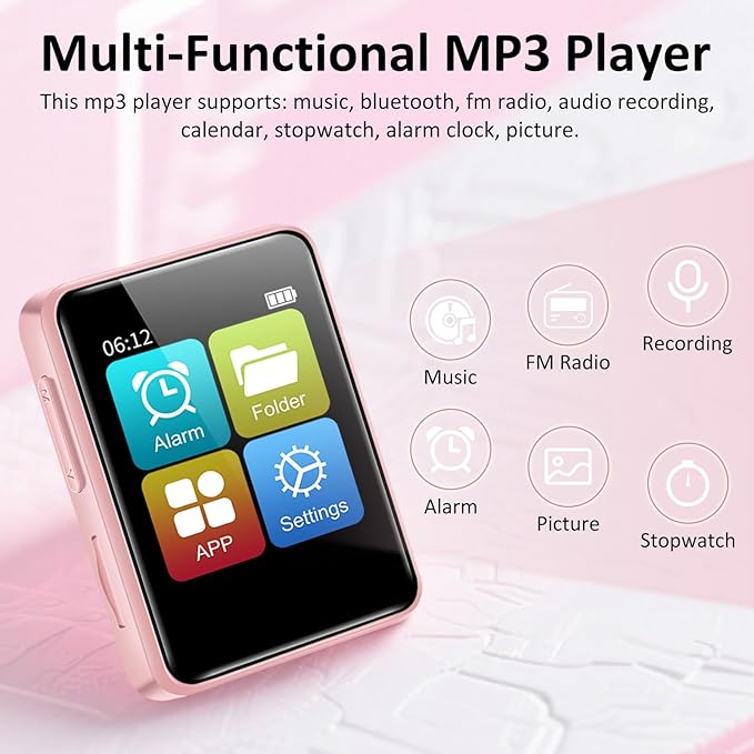 MP3 Player with Bluetooth, 32GB Portable Bluetooth MP3 Player for Kids, 1.8 inch Music Player with Speaker, FM Radio, Voice Recorder, Supports Expanded Up to 512GB(Pink)