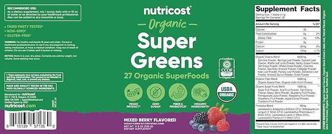 Nutricost Organic Super Greens Powder (30 Servings) Mixed Berry Flavor - Superfood Supplement Drink Mix