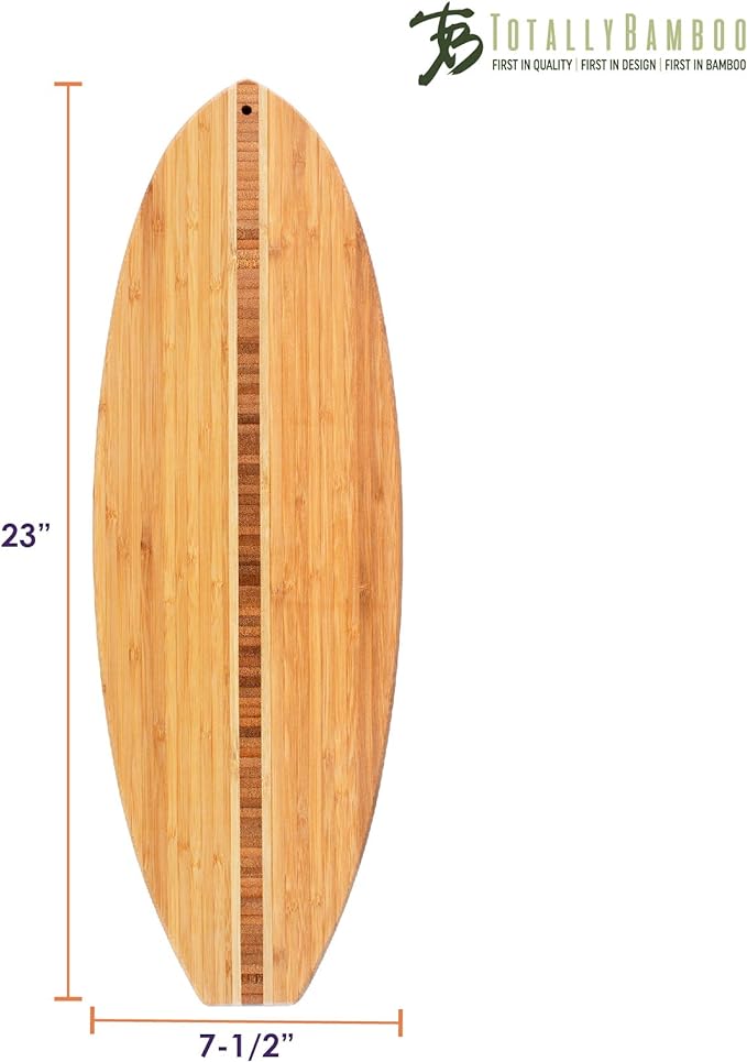 Totally Bamboo Surfboard Shaped Bamboo Wood Cutting Board and Charcuterie Serving Board, 23" x 7-1/2"