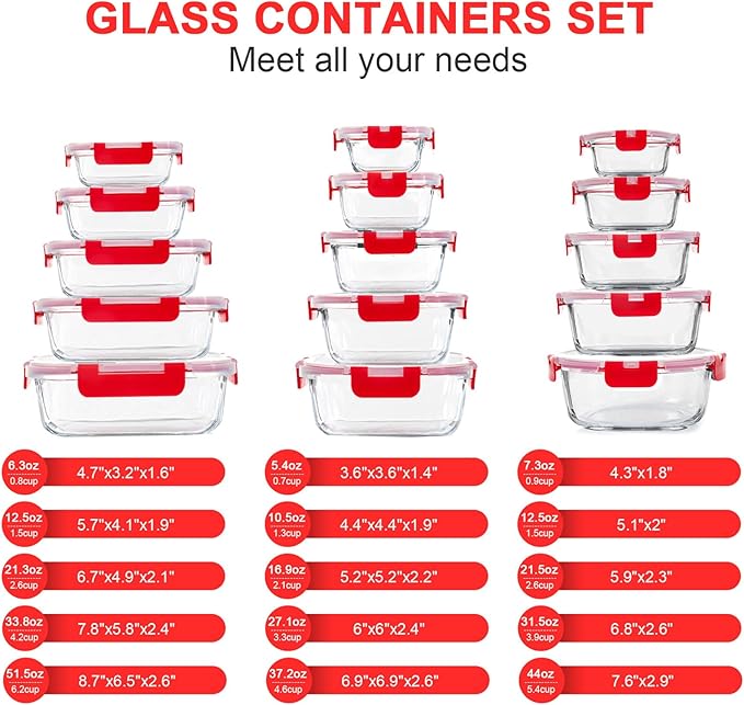 30 Pieces Glass Food Storage Containers Set, Glass Meal Prep Containers Set with Snap Locking Lids, Airtight Glass Lunch Containers, Microwave, Oven, Freezer & Dishwasher, Red