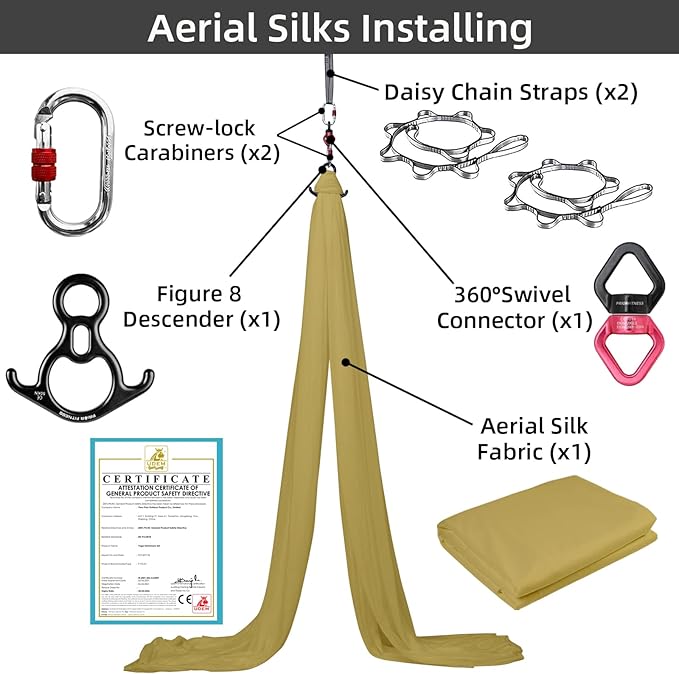 PRIOR FITNESS Aerial Silks Kit Colorful 9/15/20 Yards 40D Nylon Fabric Hammock Set With Hardware & Guide for All Levels Of Aerial Yoga Practice and Acrobatic Flying For Adults Aerial silk