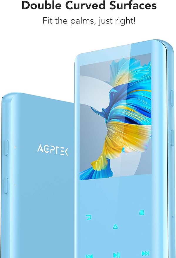 MP3 Player with Bluetooth 5.3, AGPTEK A19X 2.4" Curved Screen Portable Music Player with Speaker Lossless Sound with FM Radio, Voice Recorder, Built in 32GB, Supports up to 128GB, Blue