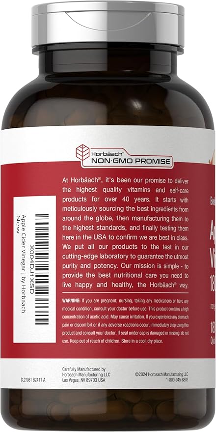 Horbaach Apple Cider Vinegar Capsules | 1800mg | 180 Count | Non-GMO, Gluten-Free Supplement | by Berkshire Labs