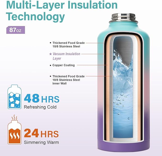 Insulated Water Bottle | Thickened Stainless Steel for Gym and Hiking with Straw, Carrier Bag, Handle Strap | BPA-Free 87 oz