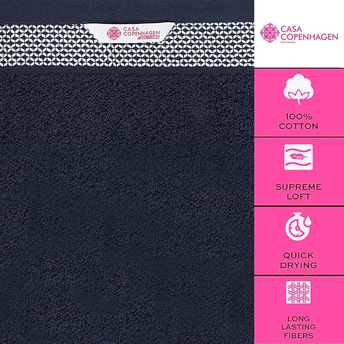 CASA COPENHAGEN Solitaire Towels, 4 Pieces Bath Towel Set- Navy, 600 GSM Designed in Denmark Made of Soft Egyptian Cotton for Bathroom, Kitchen & Shower