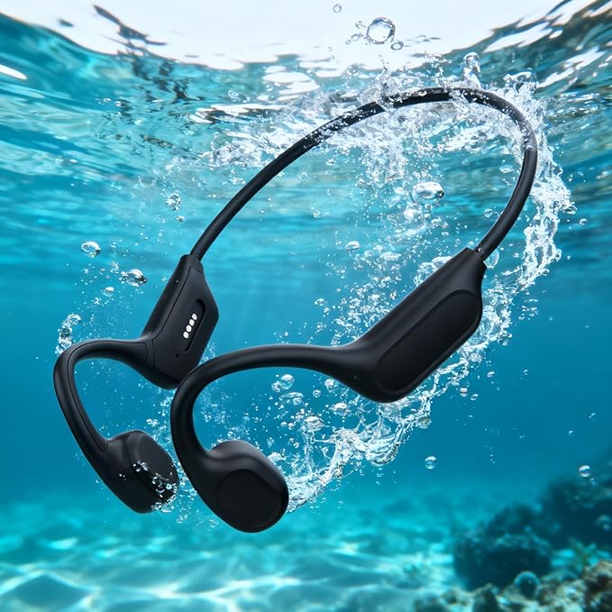 Swimming Headphones-Bone Conduction Headphones Bluetooth V6.0 Open Ear Sports Headset, IP68 Waterproof Built-in MP3 Player 32G Memory, for Running, Cycling (Black)