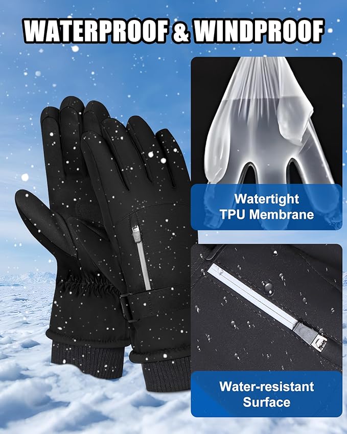 Waterproof Winter Ski Gloves Thermal -10F°, 3M Thinsulate Thick Warm Gloves, Windproof Touch Screen Snow Gloves