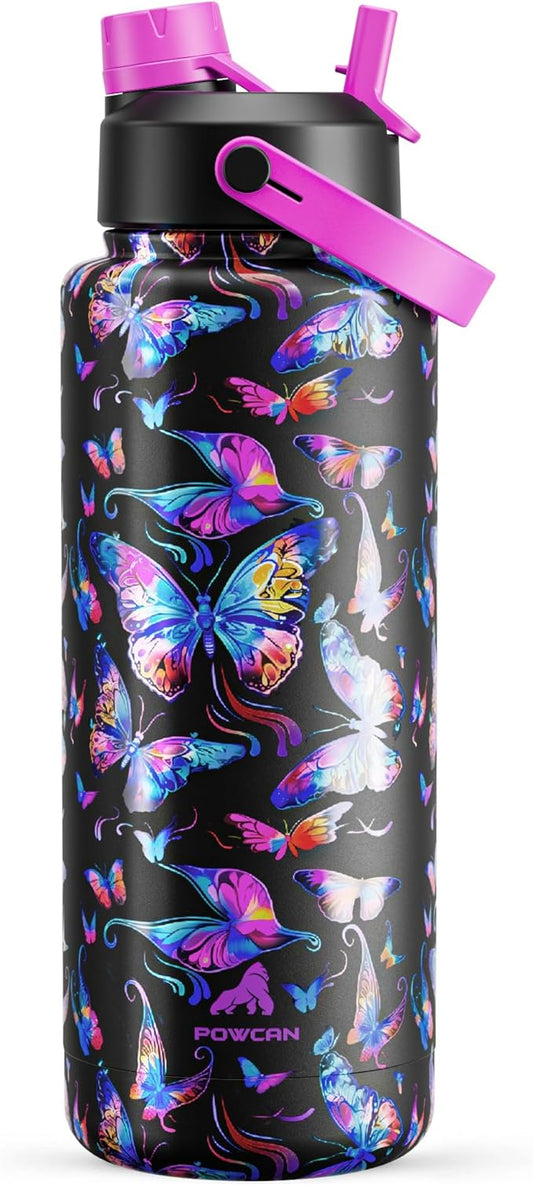 40 oz Insulated Water Bottle with 2-in-1 Straw and Spout Lid, Keep Cold 24H, Leak-Proof, BPA-Free, Double Wall Stainless Steel Water Bottle for Sports, Gym, Travel, and School (Butterfly Waltz)