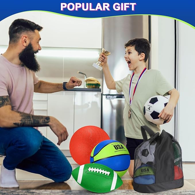 Deekin 4 Pcs Sport Balls Set for Kids Teens, Include Official Size 5 Basketball 4 Soccer 6 Football Playground Ball and Pump Sports Equipment Bag Recess Equipment Sport for Students(Navy Blue, Green)