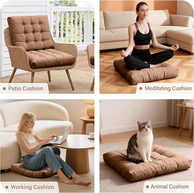 Tiita Meditation Floor Pillows, 22 Inch Square Floor Cushions for Adults, Thicken Tufted Seat Pad Set of 2, Large Floor Cushion for Yoga Garden Living Room Balcony Office Tatami, Coffee