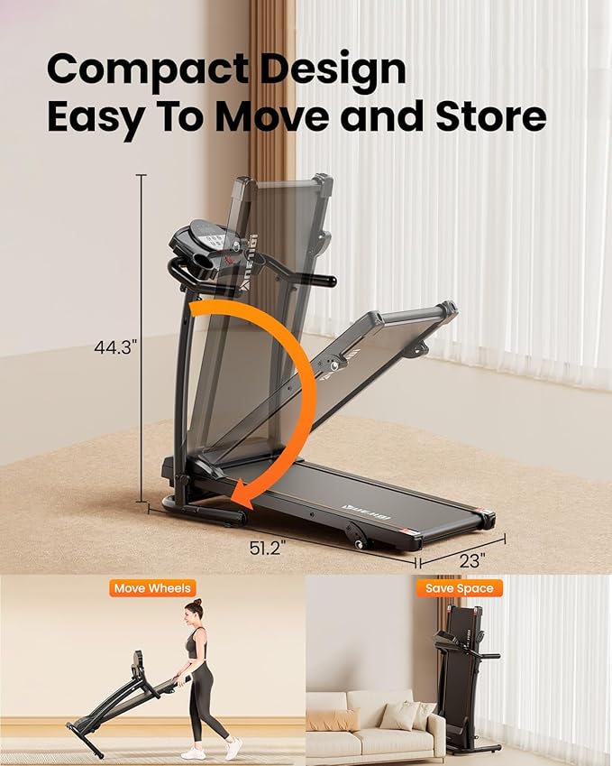 Treadmills for Home, 3.0HP Quiet Brushless Foldable Treadmill with Incline, Small Space Portable Running Walking Machine, 300/240 Lbs Capacity with 12 Preset PROG, LED Display and Phone Holder