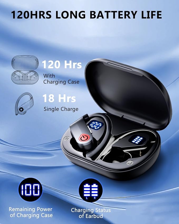 EUQQ Ear Buds Wireless Bluetooth Earbuds, Noise Cancelling Headphones 120H Playtime,IPX7 Waterproof Sports with Earhooks,LED Display Wireless Earphones for Running Gym Workout-Black