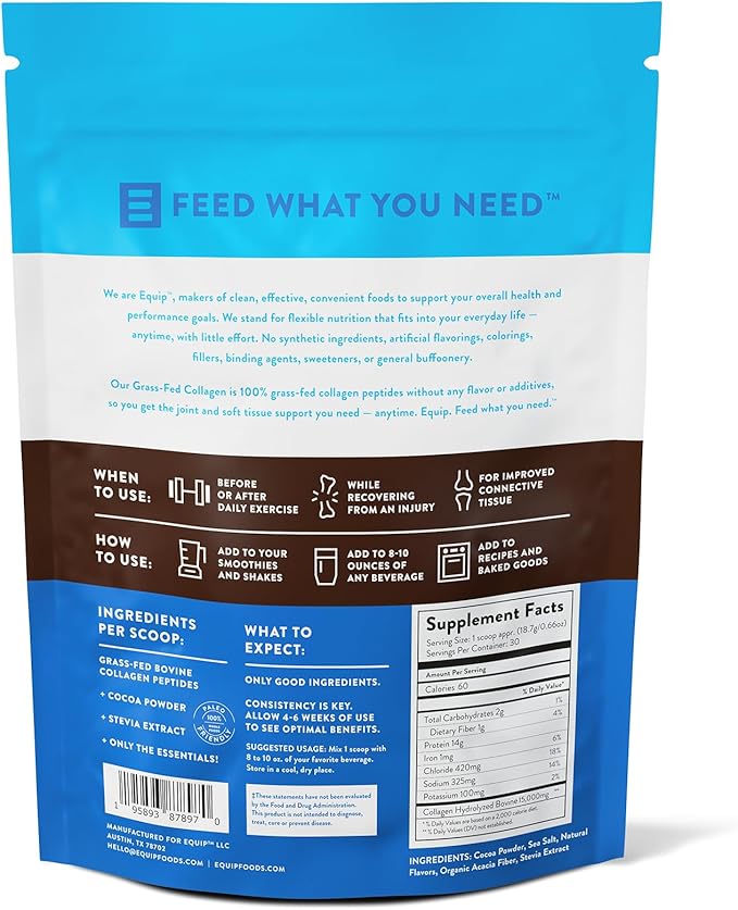 Equip Foods Grass Fed Collagen Powder | Hydrolyzed Bovine Collagen Peptides with Amino Acids | Prime Beef Collagen for Healthy Joints, Skin & Nails | Non-GMO, Paleo Friendly | 30 Servings, Chocolate