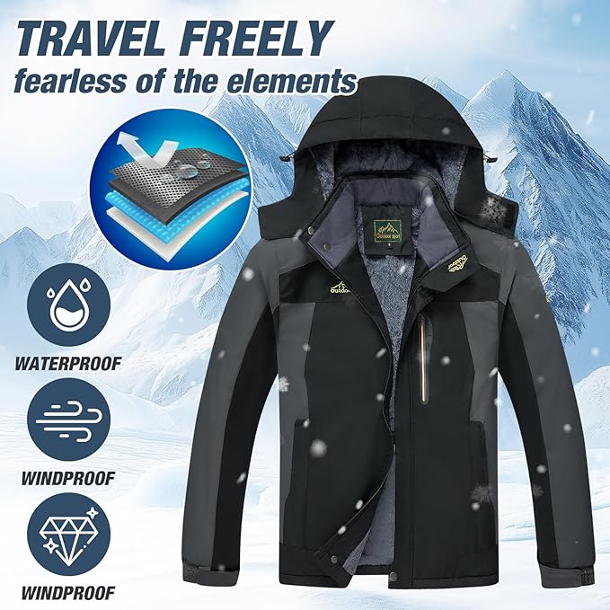 Men's Winter Ski Jacket Warm Waterproof Fleece Liner Snow Coat Hooded Windproof Mountain Raincoat