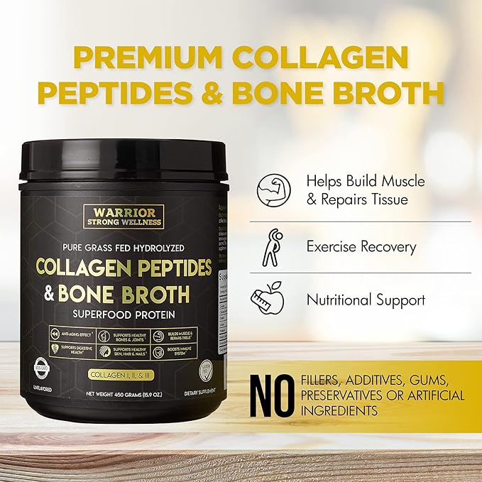 Premium Collagen Peptides Bone Broth Powder: Grass Fed Hydrolyzed Collagen Boost for Healthy Skin, Nails, Hair, Joints, Muscles, Bones, Digestion, Keto Friendly, Unflavored