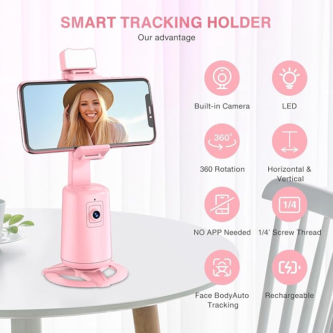 Auto Face Tracking Tripod 360° Rotating Cell Phone Photo and Video Kits Stand, No App, Phone Camera Stand with Remote and Gesture Control for Live Recording Tiktok Pink1